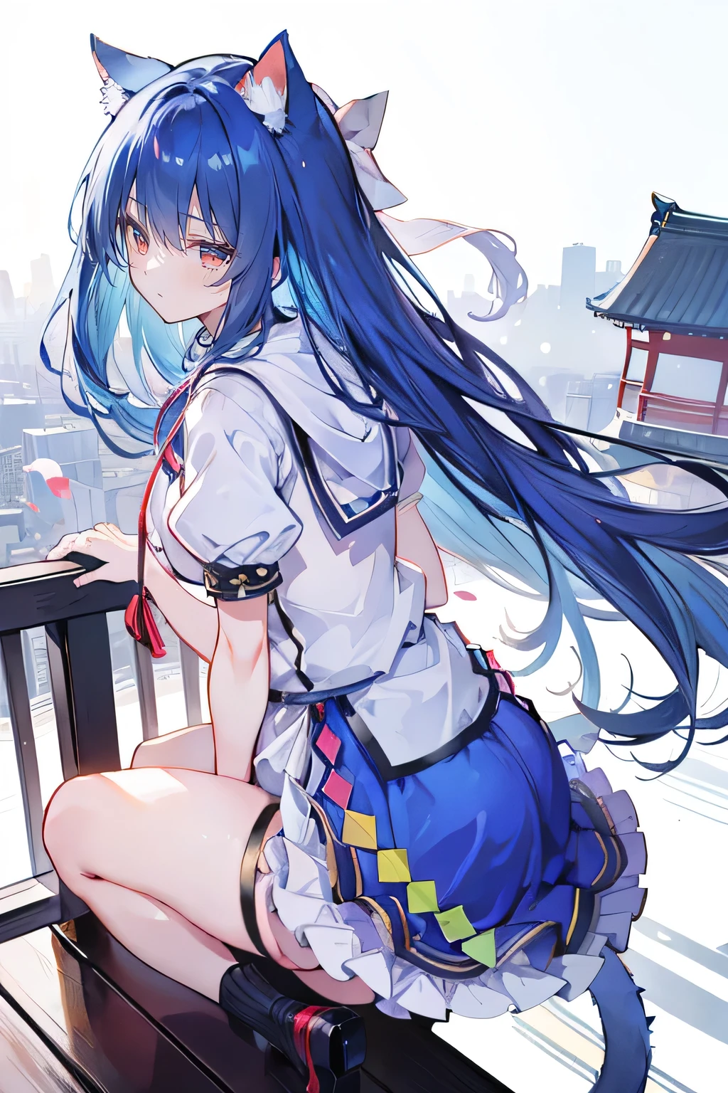 (masterpiece:1.2),Super detailed,lifelike,Expressive eyes,fair skin,perfect face shape,1 girl,
Japanese comics,Gorgeous blue hair,flowing blue hair,flowing clothes,Cat ears,Petals fall,beautiful lola,Baby Angel,
Cross your legs,Gentle and peaceful background,The pavilion is cool and comfortable,smile, wearing hoodie, background of tokyo,back views,snowing, winter.