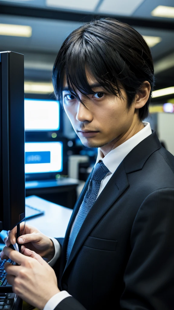 photograph、Only one person in the photo、A 30-year-old Japanese man in a suit working on a computer、Not looking at the camera、Realistic photograph、Troubled expression、His eyes are looking at the computer monitor、