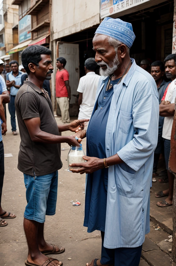 An old man offering milk to Shivalinga and many people standing around watching.