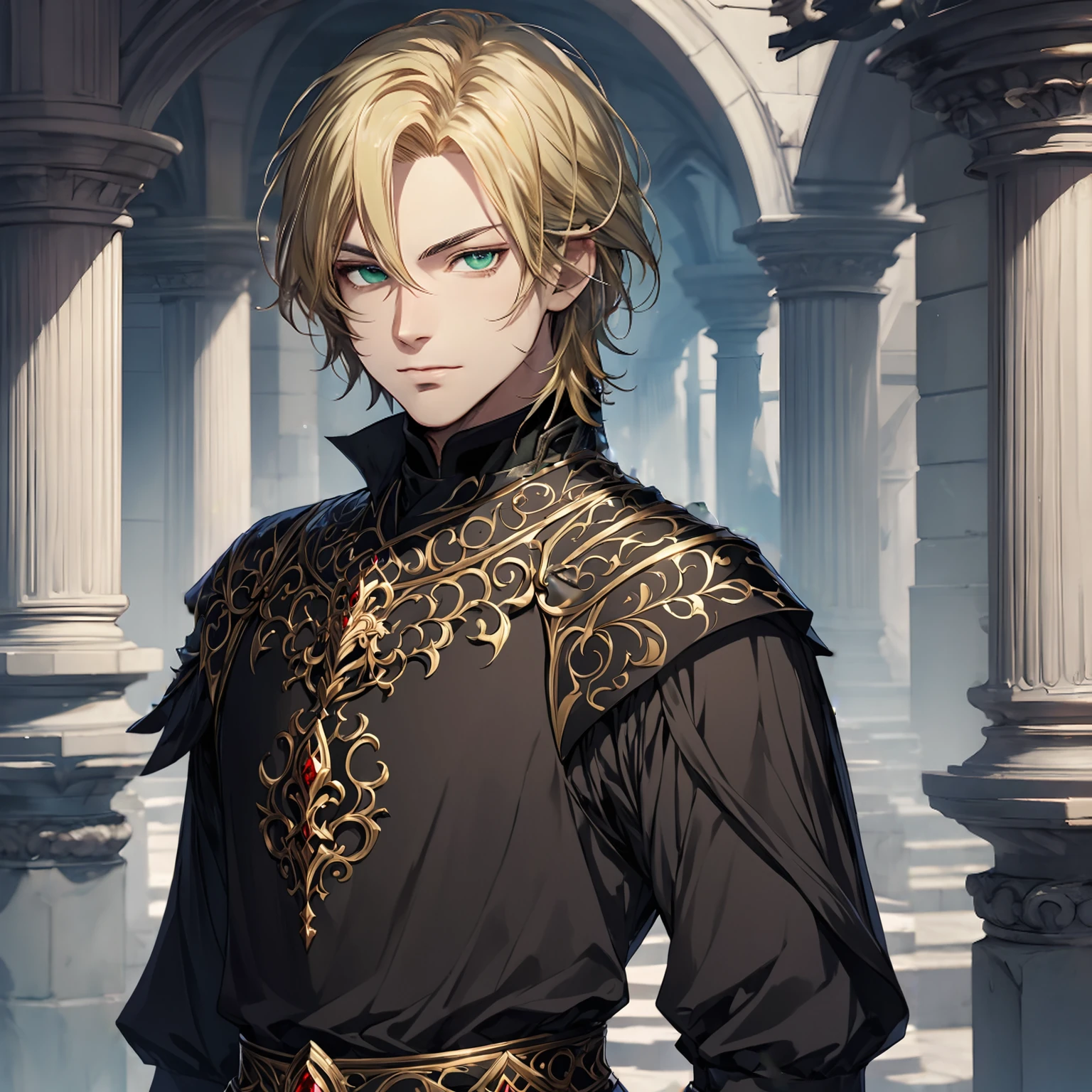 masterpiece, best quality, 1man, adult, male focus, solo, blonde hair, medium hair, vibrant black eyes, looking at viewer, closed mouth, Fantasy aesthetics, Highly detailed, shadowverse style