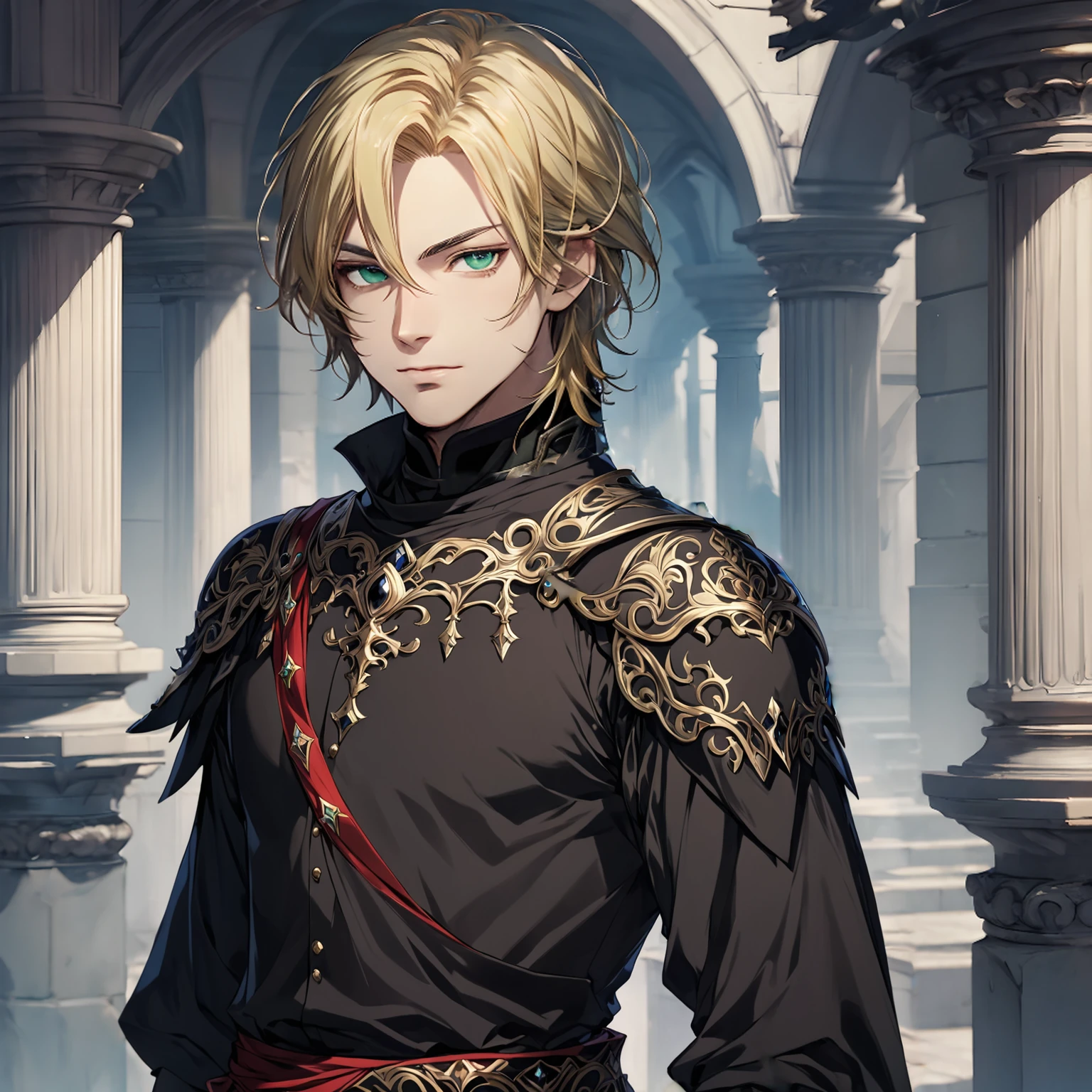 masterpiece, best quality, 1man, adult, male focus, solo, blonde hair, medium hair, vibrant black eyes, looking at viewer, closed mouth, Fantasy aesthetics, Highly detailed, shadowverse style
