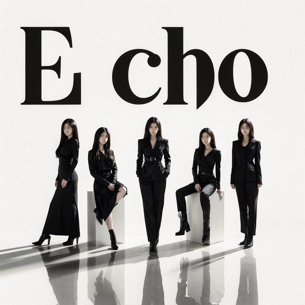 for "Perjalanan Cinta" by Echo features five korean female band members standing in front of large text with the album title and band name. They are dressed entirely in black, giving an elegant and formal impression. The design is minimalist with a white background, focusing on the contrast between the bold text "ECHO" and the appearance of the band members.