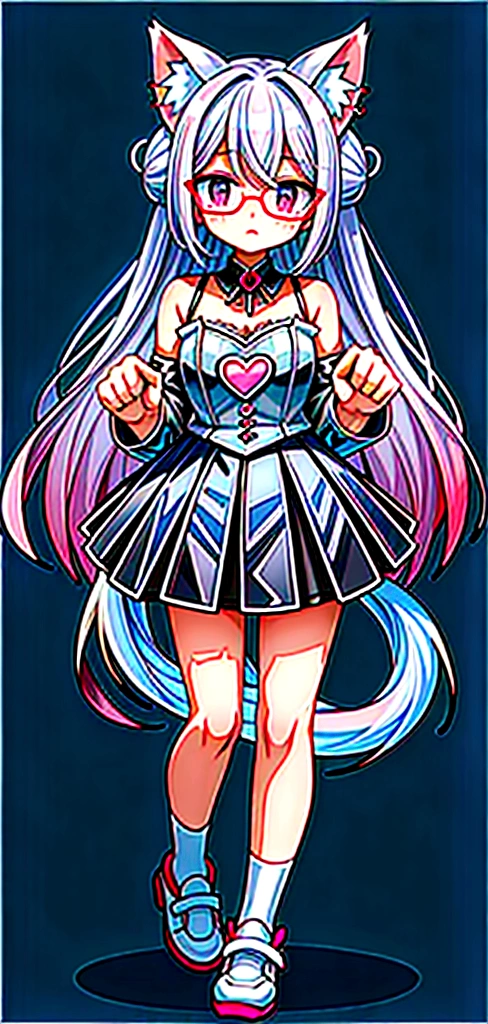 I have white pink hair, cat ears, a bun, my face is super blushing, black glasses, pink heart eyes, a Brazil, a skirt that has black straps, black stockings, white shoes, a cat's tail, a very girl Shy