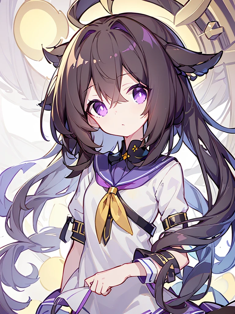 (High quality), (masterpiece), (very detailed), girl, (very small bust), short brown hair, purple eyes, shy face, (primary school loli), showing her thighs, on the school yard, sunny, camera angle from below, adorable eyes, (primar school uniform)