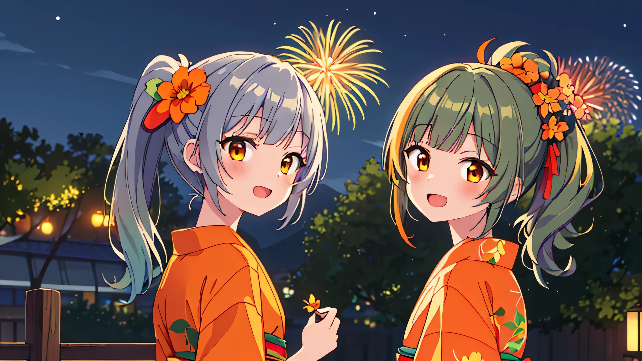 masterpiece、Detailed Background、night、firework、Beautiful light、Light and Dark、1girl（Ash green hair、Medium length ponytail、Straight bangs、A little hair on the side、Brown eyes、hair ornaments：orange）、yukata(green, little orange flower), Look back and see this、Laugh gently、