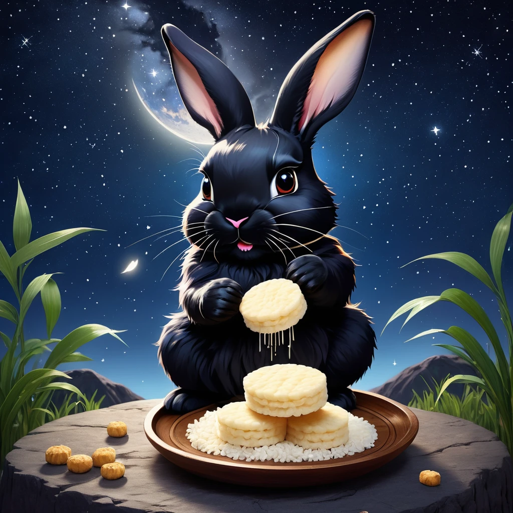 A black rabbit is pounding rice cakes on the moon Starry sky background、milky way