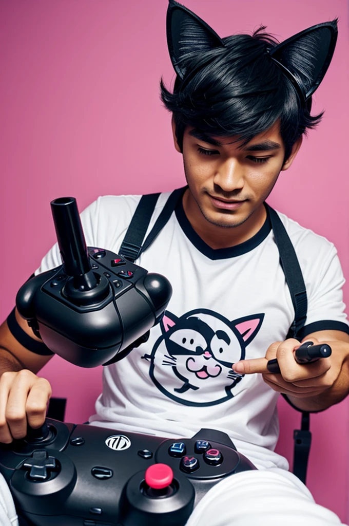 man wearing cat ears,holding game joystick,2d