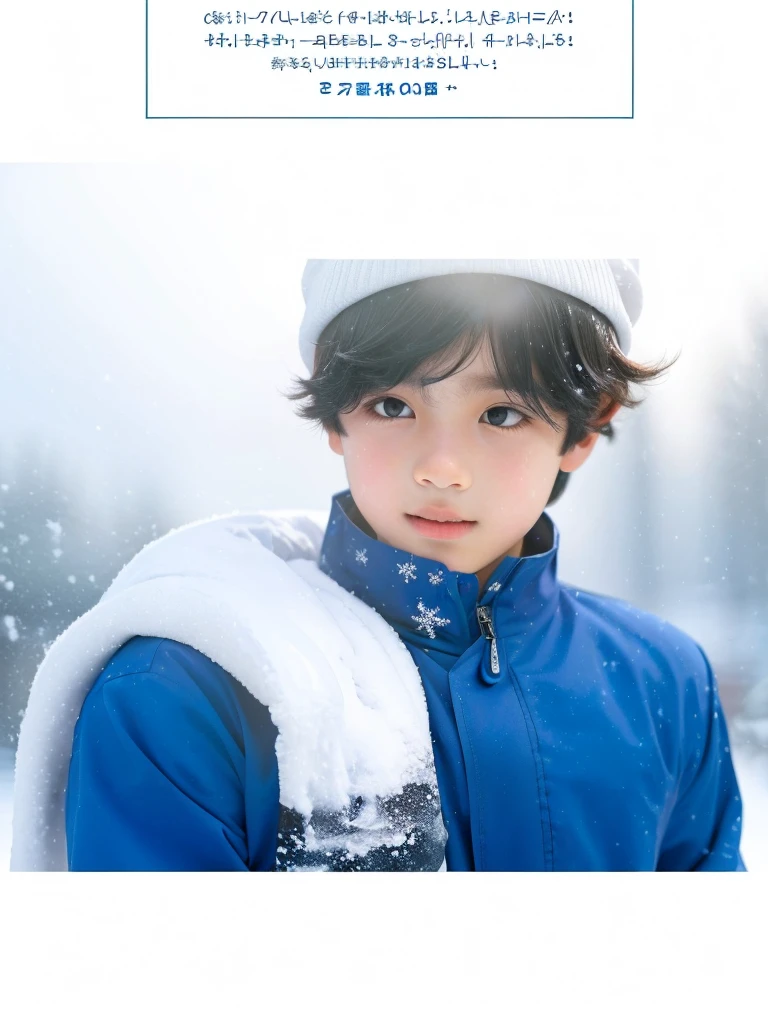 a boy in a blue shirt is standing in front of a snowy background,islamic boy