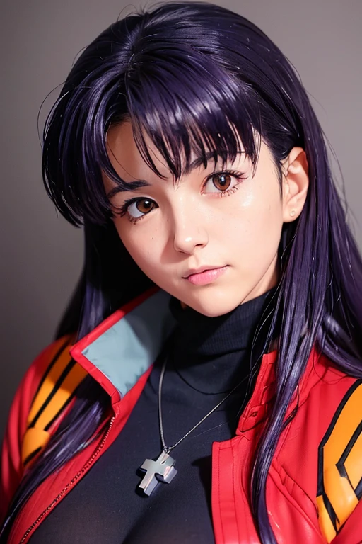 RAW Photos, ((((Extreme beauty portrait))), Evangelion: 3.0 You can \(do not have\) redo,One girl, alone, Katsuragi Castle_Misato, brown eyes,Indigo Hair,big_chest, cross_necklace ,Red jacket,