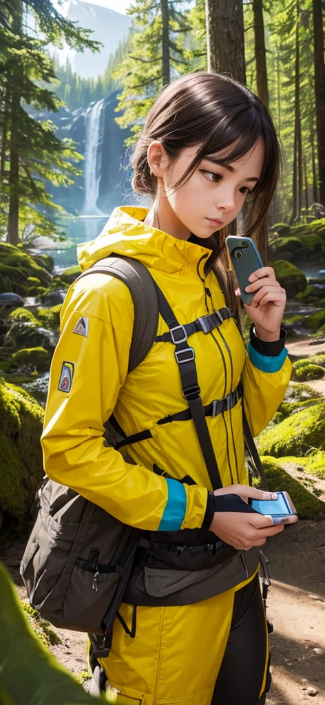 Create an image of a female adventurer wearing bright yellow clothes, showing a clear lack of interest in a smartphone. She should be holding the phone, but her focus should be on something else, such as the scenery around her or an adventure map. The setting can be an outdoor location like a forest or mountain trail, emphasizing her adventurous spirit. The overall mood should convey her disinterest in technology and her preference for the natural world.