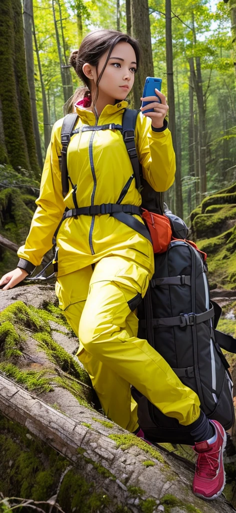 Create an image of a female adventurer wearing bright yellow clothes, showing a clear lack of interest in a smartphone. She should be holding the phone, but her focus should be on something else, such as the scenery around her or an adventure map. The setting can be an outdoor location like a forest or mountain trail, emphasizing her adventurous spirit. The overall mood should convey her disinterest in technology and her preference for the natural world.