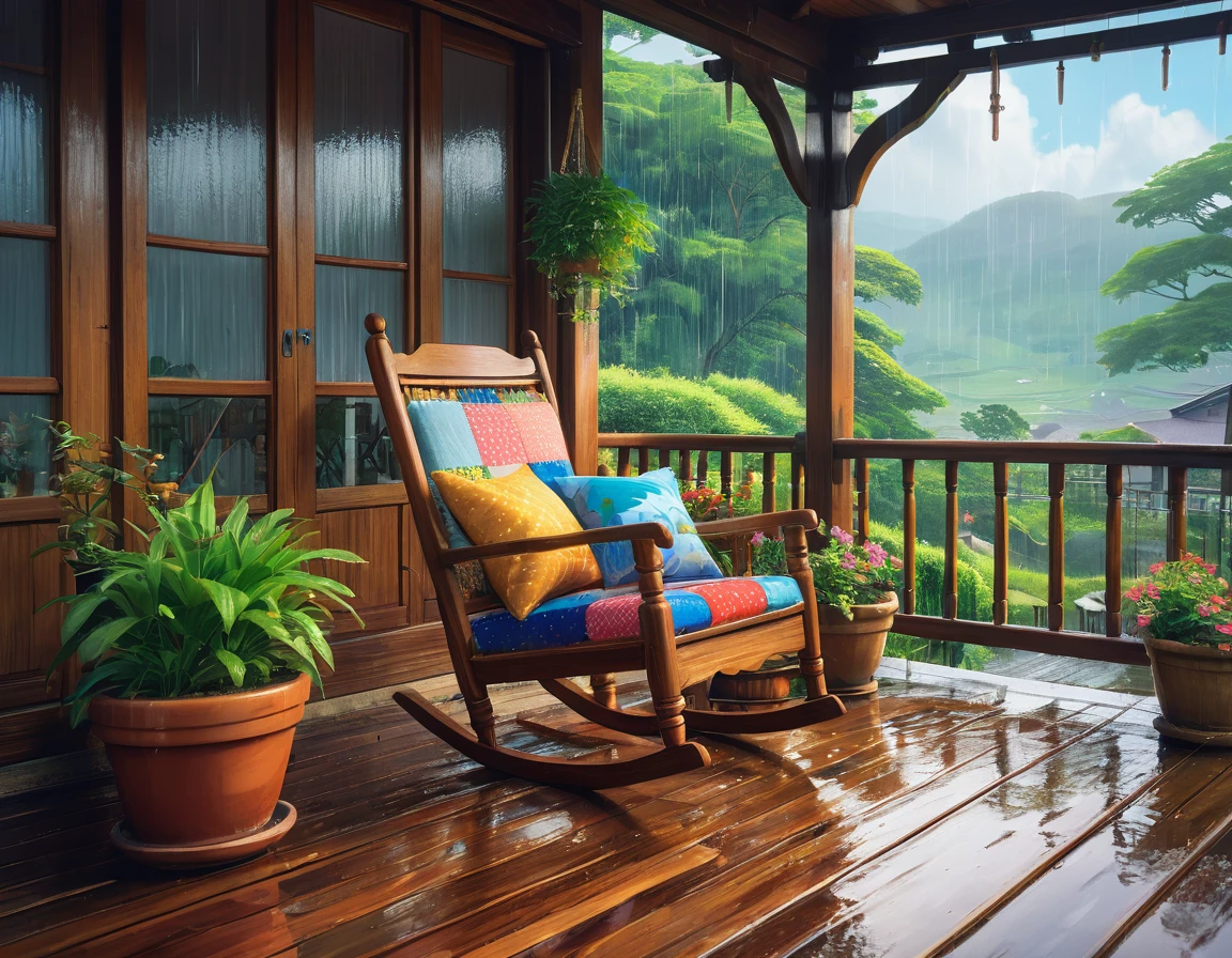 A country house porch with a comfortable rocking chair with a patchwork cushion, potted plant on the wooden railing with varnished balusters, setting surrounded by a beautiful and peaceful rainy landscape, rainy afternoon. niji anime art, studio ghibli, rossdraws, loish, ryan lee, 4k realistic ultra detailed, deep focus, vibrant colors, high saturation, high contrast, very high resolution, HDR, 8k, masterpiece, best quality