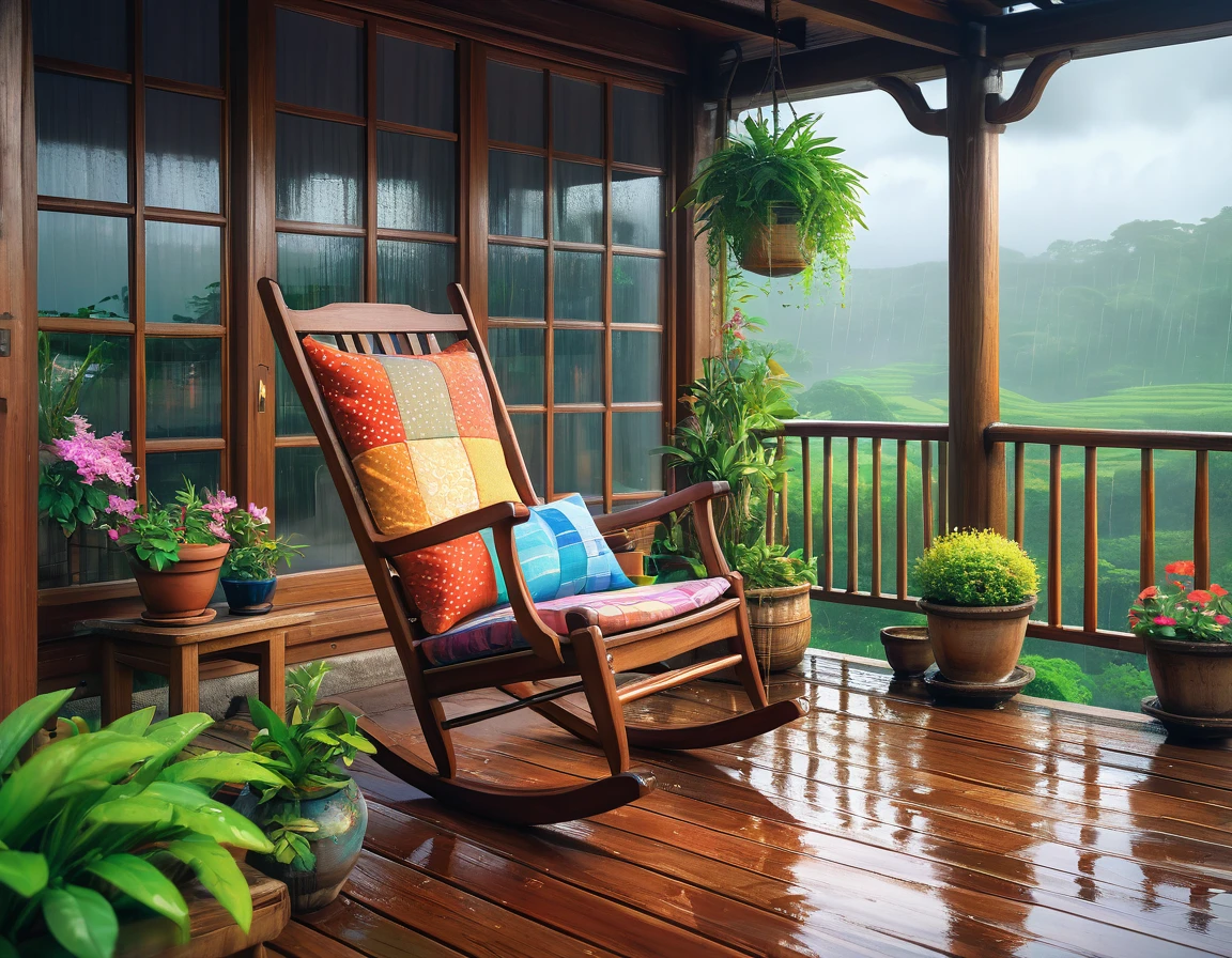 A country house porch with a comfortable rocking chair with a patchwork cushion, potted plant on the wooden railing with varnished balusters, setting surrounded by a beautiful and peaceful rainy landscape, rainy afternoon. niji anime art, studio ghibli, rossdraws, loish, ryan lee, 4k realistic ultra detailed, deep focus, vibrant colors, high saturation, high contrast, very high resolution, HDR, 8k, masterpiece, best quality