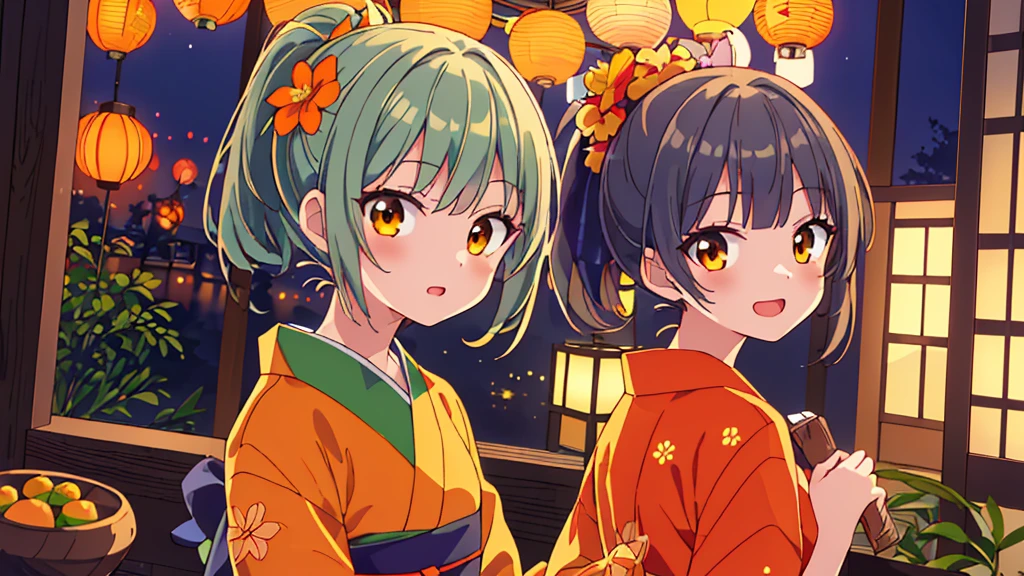 masterpiece、Detailed Background、night、firework、Beautiful light、Light and Dark、1girl(Ash green hair、Medium length ponytail、Straight bangs、A little hair on the side、Brown eyes、hair ornaments:orange)、(green yukata, little orange flower), Look back and see this、Laugh gently、