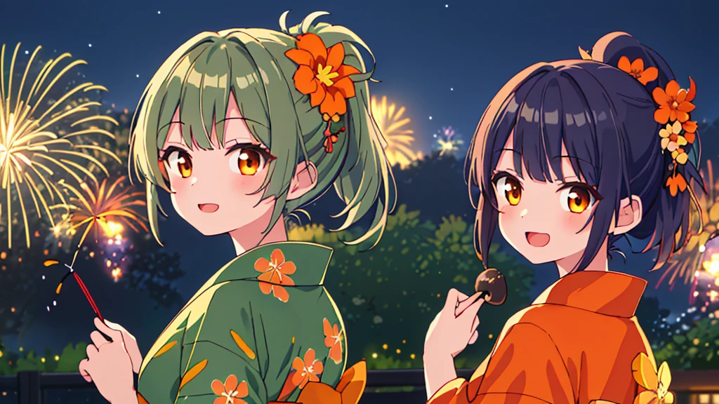 masterpiece、Detailed Background、night、firework、Beautiful light、Light and Dark、1girl(Ash green hair、Medium length ponytail、Straight bangs、A little hair on the side、Brown eyes、hair ornaments:orange)、(green yukata, little orange flower), Look back and see this、Laugh gently、
