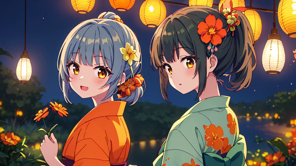 masterpiece、Detailed Background、night、firework、Beautiful light、Light and Dark、1girl(Ash green hair、Medium length ponytail、Straight bangs、A little hair on the side、Brown eyes、hair ornaments:orange)、(green yukata, little orange flower), Look back and see this、Laugh gently、