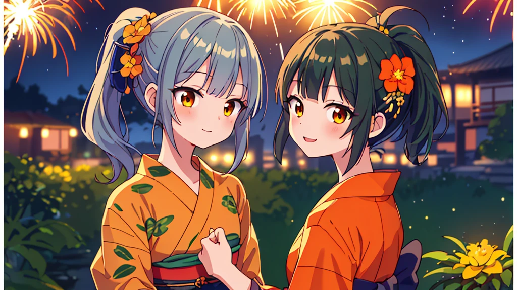 masterpiece、Detailed Background、night、firework、Beautiful light、Light and Dark、1girl(Ash green hair、Medium length ponytail、Straight bangs、A little hair on the side、Brown eyes、hair ornaments:orange)、(green yukata, little orange flower), Look back and see this、Laugh gently、