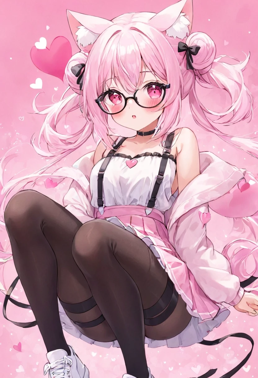 I have white pink hair, cat ears, a bun, my face is super blushing, black glasses, pink heart eyes, a Brazil, a skirt that has black straps, black stockings, white shoes, a cat's tail, a very girl Shy