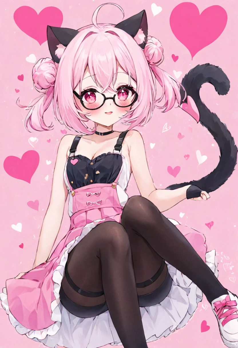 I have white pink hair, cat ears, a bun, my face is super blushing, black glasses, pink heart eyes, a Brazil, a skirt that has black straps, black stockings, white shoes, a cat's tail, a very girl Shy