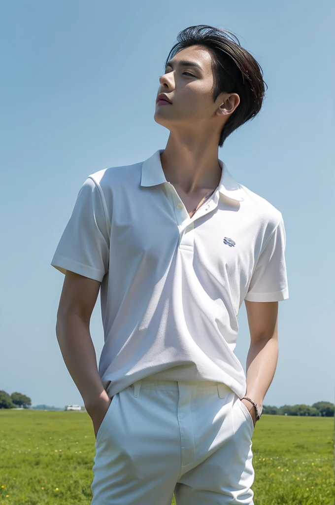 Young man in a white polo shirt Standing on the edge of the meadow with an expression on his face, looking into the distance Turn your head slightly.,Cloudy day, coffee shop