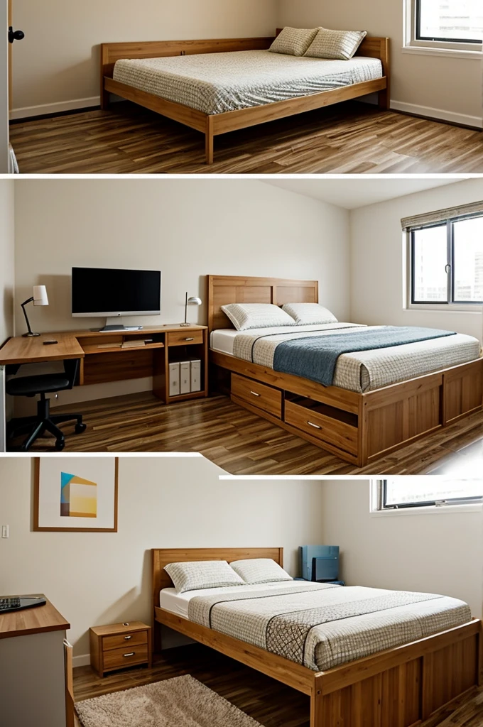 Generate a room with a bed on top and an office space or learning space at the bottom of the bed