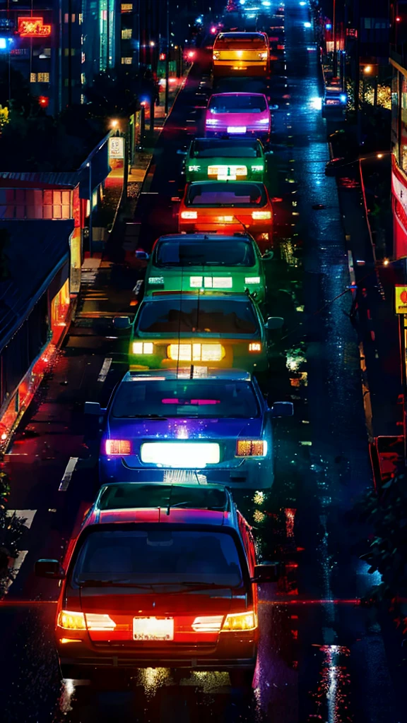 Anime Style,Night view,city,rainbow,traffic jam,building,traffic jam light,lots of,