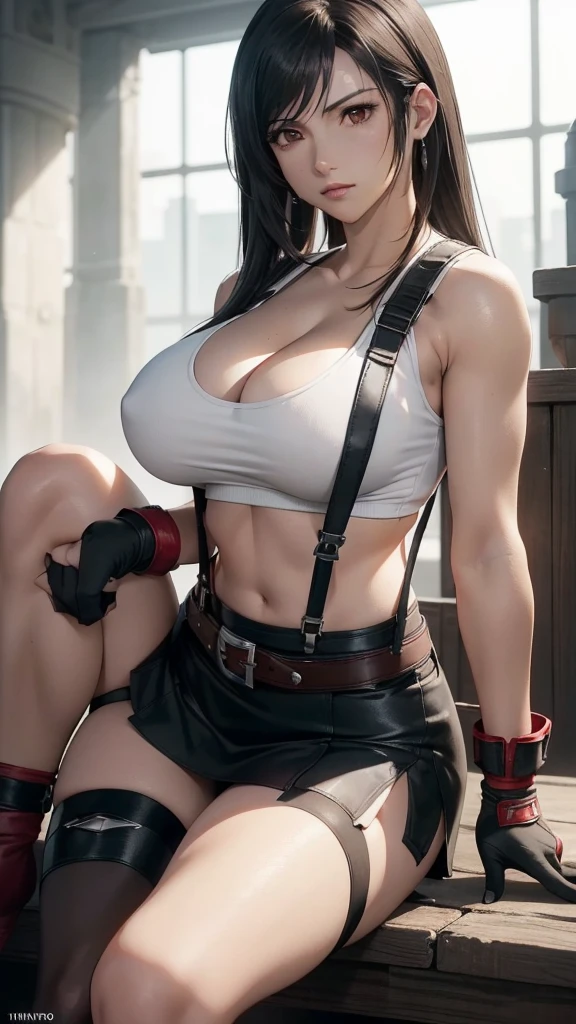 (masterpiece, best quality, cinematic, photorealistic, ultra-detailed), 1girl, sexy body, (Tifa Lockhart), (wide shot, from the front:1.5), perfect hands, wide hips, (bursting breasts, large cleavage:1.3), round ass, (Tifa has very dark hair, varying brown to black, which typically falls on her back and is tied at the tips to form a dolphin-tail split), (Tifa wears a white tank top and black miniskirt with a belt and suspenders:1.5), (dons red and black gloves that extend to her elbows, red boots, black socks, and a metal guard on her left elbow.:1.2), (seductive pose, sitting crossed-legs:1.4), (detailed eyes, detailed pupil)