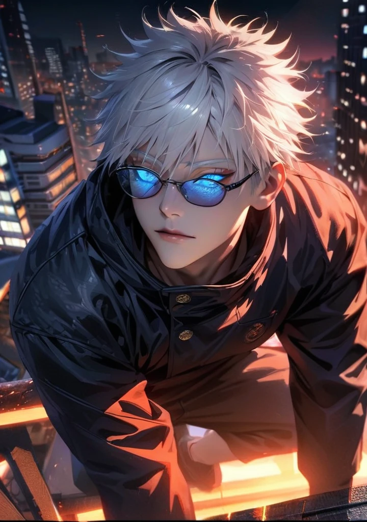 ultra detailed, HDR, master piece, best quality, extremely detailed face and eyes, perfect face, realistic face, beautiful eyes, Gojo Satoru, white hair with bangs, hair between the eyes, expressive blue eyes, white eyelashes, Jujutsu Kaisen, solo, man, handsome,Gojo Satoru, solo, standing on a Tokyo rooftop at sunset, cyberpunk style, looking at the screen, rim light highlighting white hair, glowing eyes, wearing sunglasses, highest detail, masterpiece