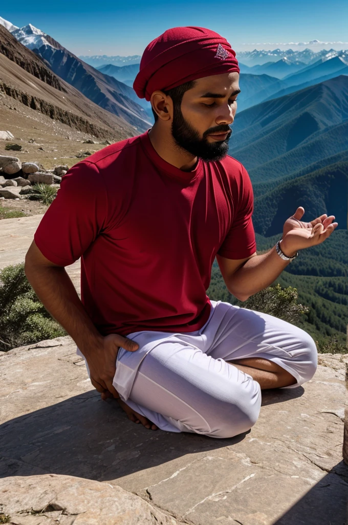 Person with red cap offering namaaz in mountain