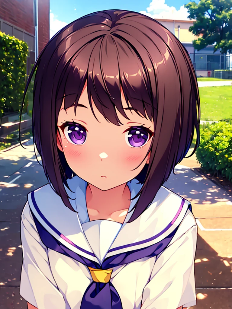 (High quality), (masterpiece), (very detailed), girl, (very small bust), short brown hair, purple eyes, shy face, (primary school loli), showing her thighs, on the school yard, sunny, camera angle from below, adorable eyes, (primar school uniform)