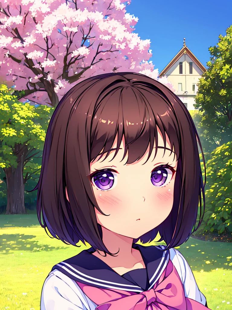 (High quality), (masterpiece), (very detailed), girl, (very small bust), short brown hair, purple eyes, shy face, (primary school ****), showing her thighs, on the school yard, sunny, camera angle from below, adorable eyes, (primar school uniform)