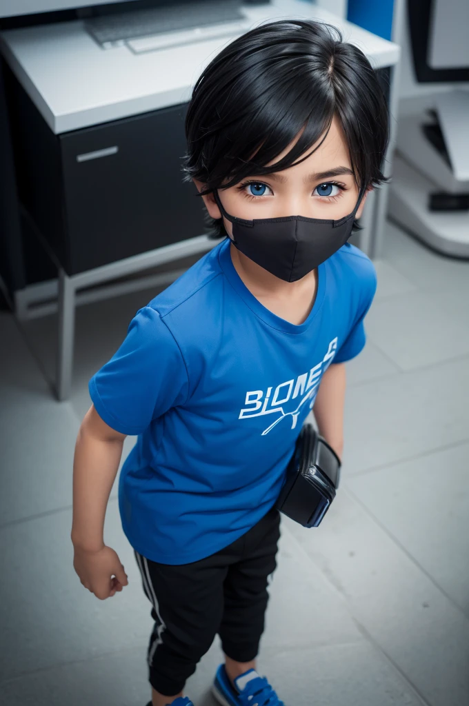 Menino minecraft.blue sonic shirt black pants.Bblack hair.sapatos brancos.blue colored eyes.black mask on mouth