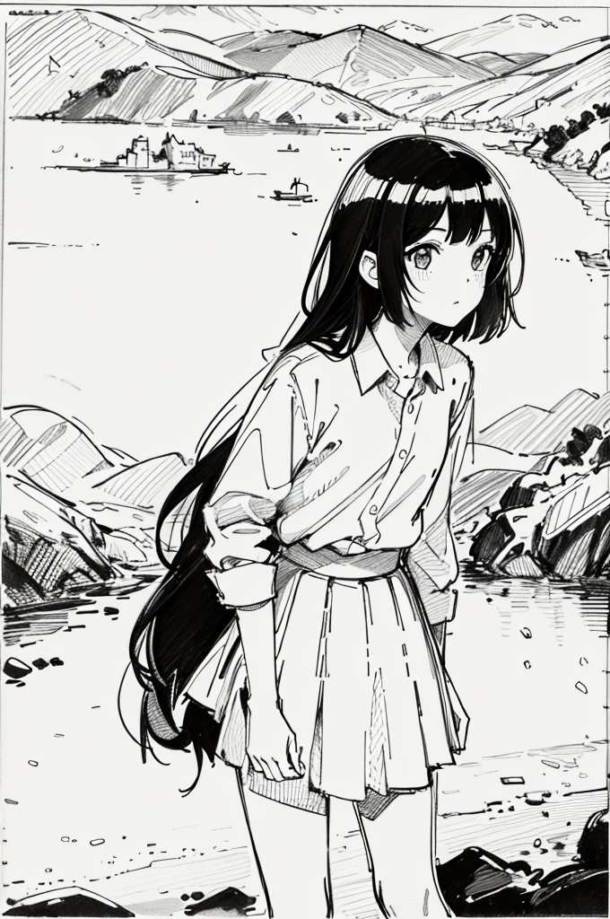 One Girl,Line art,Monochrome,sketch,Pencil drawing,Traditional Media,One Girl, skirt,Cute Teenage Girls, ,Beautiful portrait、Delicate body、Black Hair、Black Hair,landscape,Black and White
