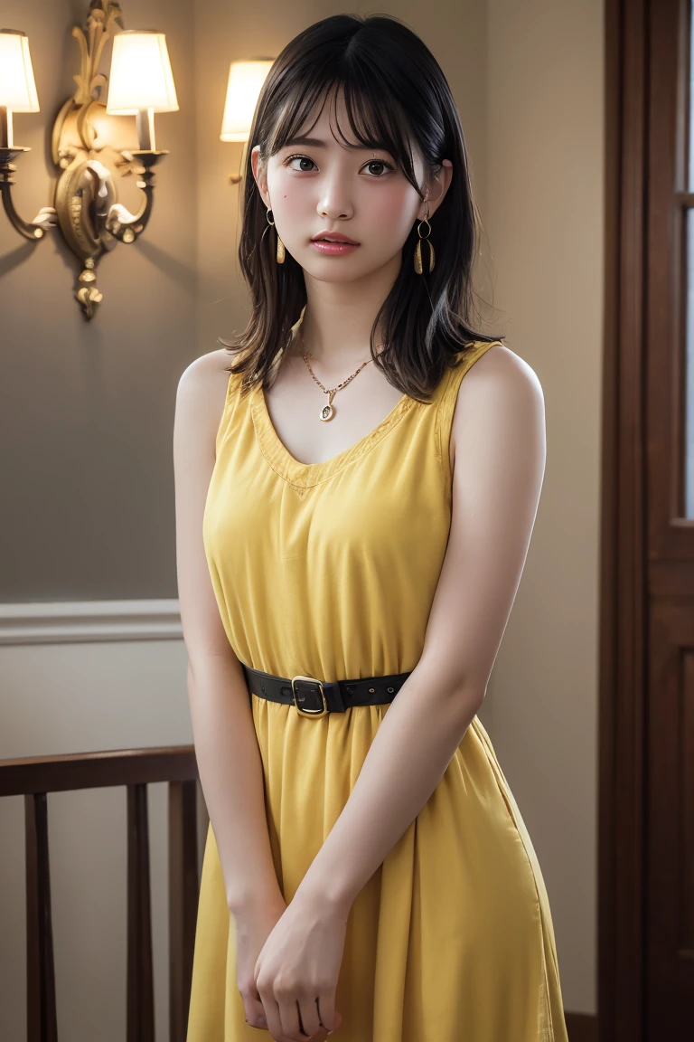 (Highest quality:1.4),(masterpiece:1.4),(Realistic:1.4),(Realistic:1.2),(超High resolution, RAW Photos:1.4),(High resolution, Ultra-detailed:1.2),(8K:1.2),View your viewers,Cinematic photography,One girl,skeletally correct，Black-haired woman，(Small earrings，necklace，Yellow sleeveless dress，View from the front),（Western-style building interior，Dimly lit room，The lamplight shines on my cheeks）