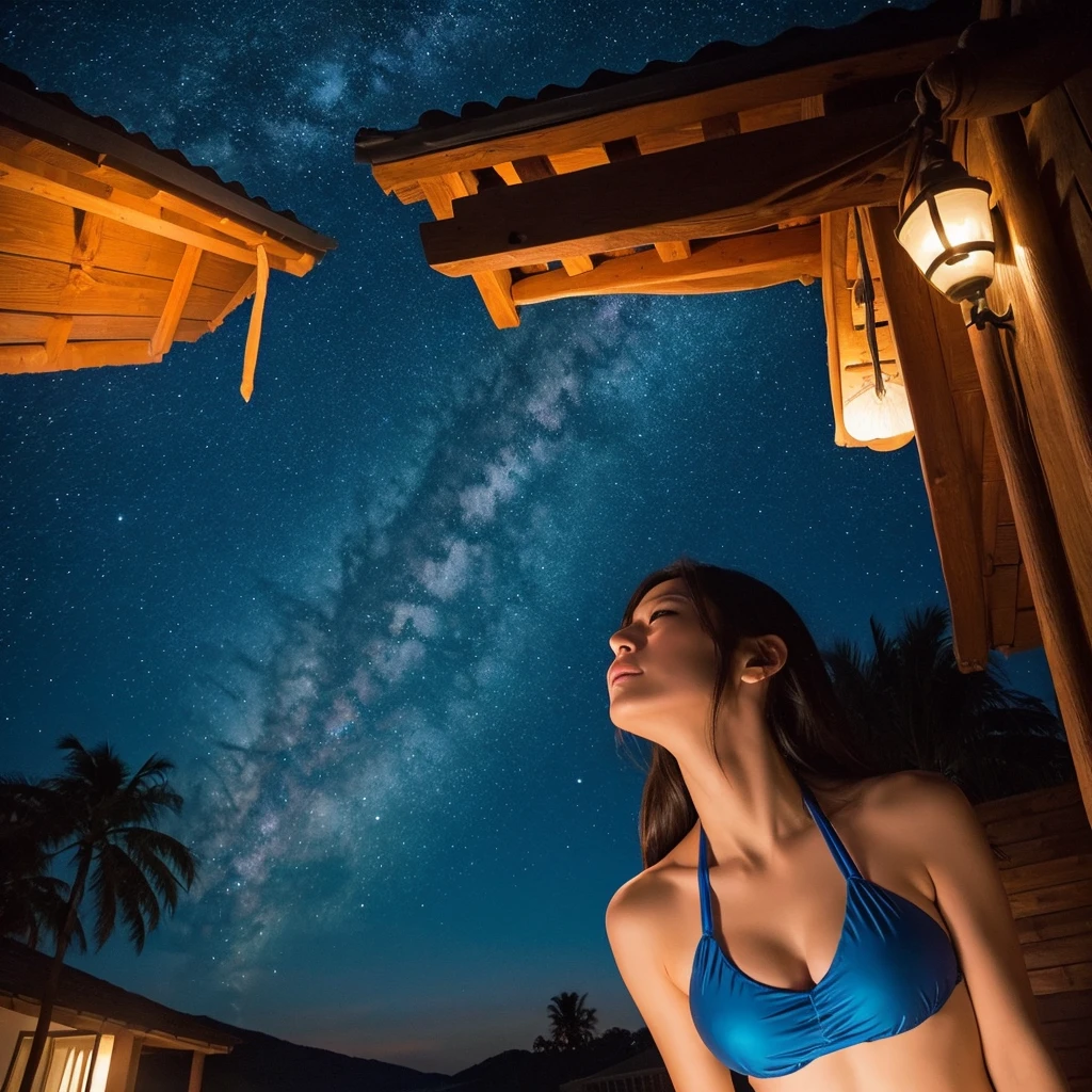 woman、Swimwear、Looking up、Night Sky、room 、