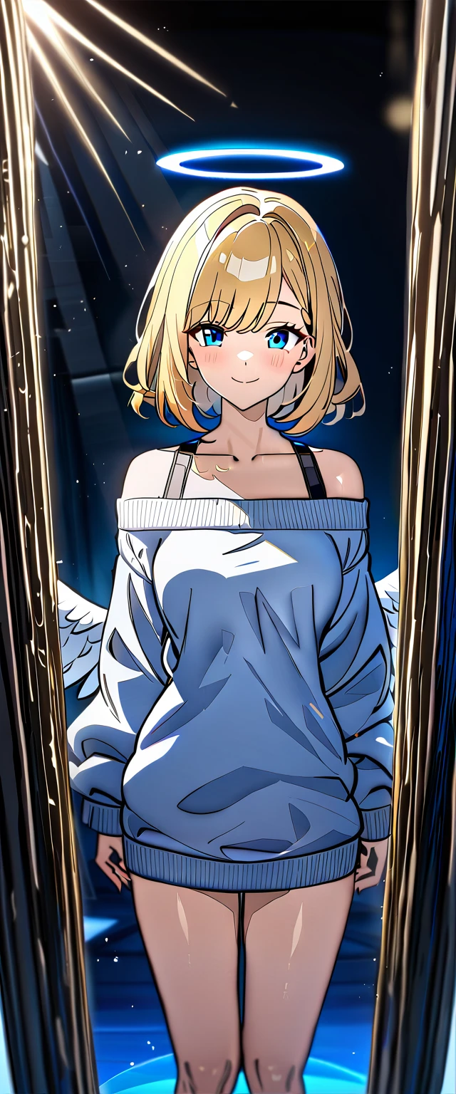 ((flying in the sky)), ((angel, big big white wings:1.3, halo:1.3)), ((sky)), ((())), (((cowboy shot))), archangel Uriel, ((wavy hair, outward curled hair)), evening, Sunset, ((blond hair, bob cut:1.3)), breasts, teenager, (looking at viewer), oversized clothes, puffy long sleeves, collarbone, ((off-shoulder sweater:1.3, Quite thick shoulder straps)), ((white sweater)), collarbone, head tilt:1.3, (((blue eyes))), ((happy smile)), (((anime style))), (best quality, 4K, 8K, highres, masterpiece:1.2, ultra-detailed, ultra-detailed eyes, HDR, uhd, studio lighting, ultra-fine painting, sharp focus, physically-based rendering, extreme detail description, professional, vivid colors, bokeh)