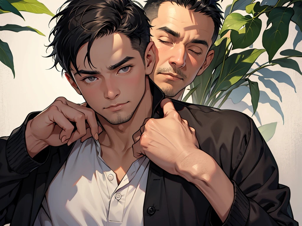 One Man, Portrait from chest up, Very short black hair, Old man in clothes, Please open your eyes a little, Male hand,Man's face,Male eyebrows, Male Eyes, Sharp Nose ,Long Nose, Slicked back with wax, Black butler uniform, Iris, walking , A kind smile, Reminiscent of a novel cover, Dramatic lighting, Emphasize the contrast between light and shadow, (Official Art, Highest quality、unity 8k wallpaper、32k、masterpiece、Very detailed, grab your hair with your hands, Cinema Lighting, Isekai Tensei, anime,Beautiful light shining through the window, sense of cleanliness,