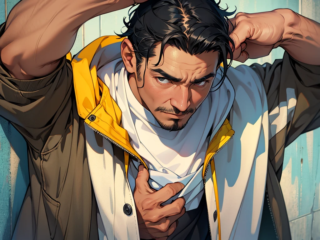 One Man, Portrait from chest up, Very short black hair, Old man in clothes, Please open your eyes a little, Male hand,Man's face,Male eyebrows, Male Eyes, Sharp Nose ,Long Nose, Slicked back with wax, Black butler uniform, Iris, walking , A kind smile, Reminiscent of a novel cover, Dramatic lighting, Emphasize the contrast between light and shadow, (Official Art, Highest quality、unity 8k wallpaper、32k、masterpiece、Very detailed, grab your hair with your hands, Cinema Lighting, Isekai Tensei, anime,Beautiful light shining through the window, sense of cleanliness,