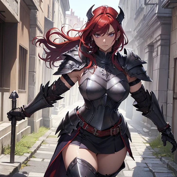 (absurdres, high fantasy artwork, best high quality image, carefuly detailed, very detailed features and textures)
{{1character: 20 years old barbarian girl, (scarlet red red short hair), (purple eyes with black pupils), (very thin lips, white skin), (she wears: purple full bulky heavy paladin armor, full plate helmet, full bulky shoulder plates, full armored bulky armored breast plate armor, full gauntlets plates, full armored elbow plates, full armored hip plates, full plate boots), (her weapon: big broad sword), (she looks: Confident pose, very serious face, no sense of humor), (Scenery: medieval irish street celtic forniture)}}