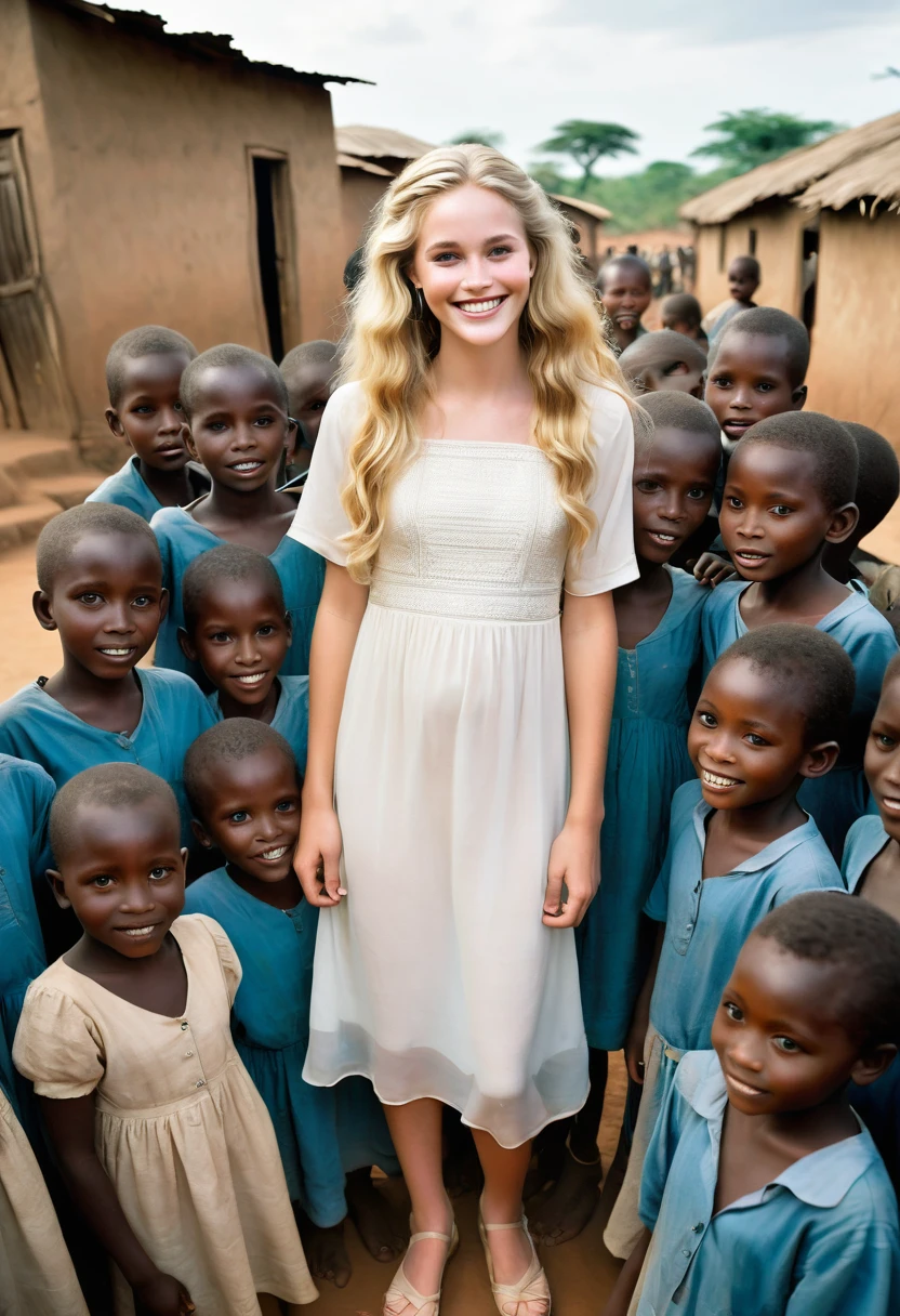 A beautiful white female adolescent, dressed very elegantly, stands amongst very poor black children in an African village. She smiles brightly while staring above the audience, enjoying the luxurious atmosphere of her surroundings. The magazine-worthy photograph displays her beauty and poise flawlessly. Her silky, long blonde hair has slight curls that fall gently around her face.