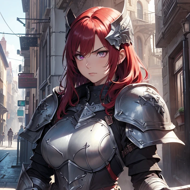 (absurdres, high fantasy artwork, best high quality image, carefuly detailed, very detailed features and textures)
{{1character: 20 years old barbarian girl, (scarlet red red short hair), (purple eyes with black pupils), (very thin lips, white skin), (she wears: purple full bulky heavy paladin armor, full plate helmet, full bulky shoulder plates, full armored bulky armored breast plate armor, full gauntlets plates, full armored elbow plates, full armored hip plates, full plate boots), (her weapon: big broad sword), (she looks: Confident pose, very serious face, no sense of humor), (Scenery: medieval irish street celtic forniture)}}