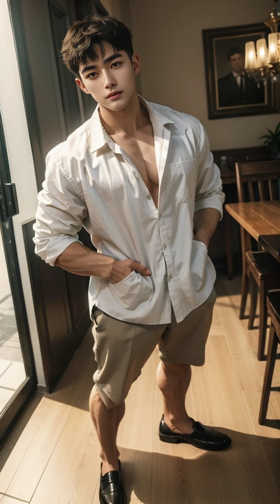 Masterpiece, best quality High resolution, realistic, handsome, beautifully photographed, syahnk SFW, 35 year old portrait. (man: 1.2) Military press, amazing weight, short buzzcut hair, stubby head. , (too much muscle ),look at the viewer,Flirting with the camera,charming ( shirt ),(GS-Masculine:1), 8K UHD , standing in the dining room, (Full body:1.2)