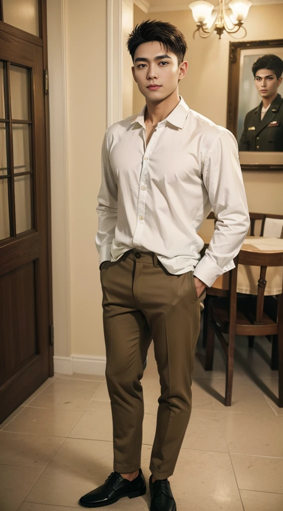 Masterpiece, best quality High resolution, realistic, handsome, beautifully photographed, syahnk SFW, 35 year old portrait. (man: 1.2) Military press, amazing weight, short buzzcut hair, stubby head. , (too much muscle ),look at the viewer,Flirting with the camera,charming (Tight white shirt ),(GS-Masculine:1), 8K UHD , standing in the dining room, (Full body:1.2)
