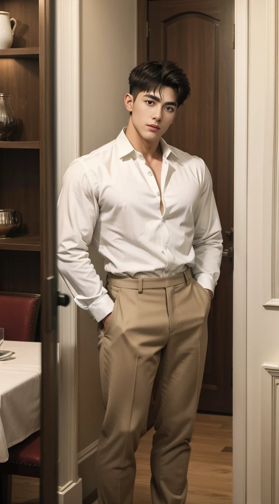 Masterpiece, best quality High resolution, realistic, handsome, beautifully photographed, syahnk SFW, 35 year old portrait. (man: 1.2) Military press, amazing weight, short buzzcut hair, stubby head. , (too much muscle ),look at the viewer,Flirting with the camera,charming (Tight white shirt ),(GS-Masculine:1), 8K  UHD , standing in the dining room, (Full body:1.2)