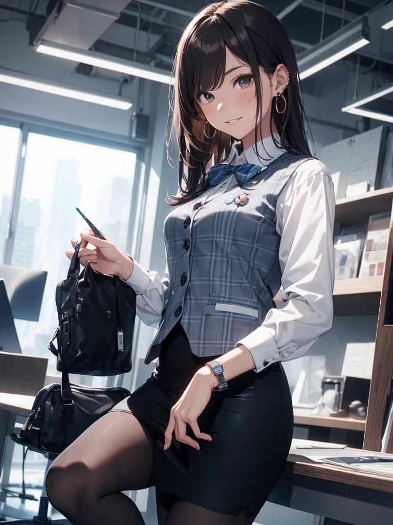 ((((1ladyl,))))  (masterpiece), (realistic), (best quality), (ultra-detailed),  amazing 30 years old wife,  pantyshot, long brown hair, office lady, Wearing a pink plaid vest, White short sleeved shirt, Gray pencil skirt, Wear stiletto heels, Necklace, earrings,  Cute face, Smile, Blushing, Shyness, Glass wall, Ultra Detail, Realistic, Front view, Whole body, (wearing in [[white and gray check pattern]] Vest worn over white collared long-sleeved shirt:1.4), (gray vest with buttons:1.2), (Pink Theme:1.2), (blue ribbon ribbon:1.3), (Black theme:1.4), (Tight black pencil skirt:1.5), ((Brown pantyhose)), (high-heels:1.1),longskirt,office desk, office chair,Lulubre Unity 8K Wallpaper, Beautiful background, clearly, Best Quality, The highest resolution, Best aesthetic,extremely detailed CG unity 8k,
