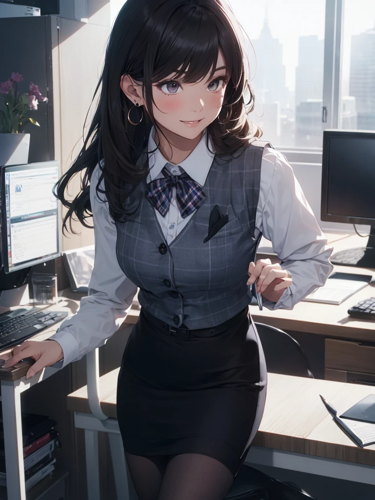 ((((1ladyl,))))  (masterpiece), (realistic), (best quality), (ultra-detailed),  amazing 30 years old wife,  pantyshot, long brown hair, office lady, Wearing a pink plaid vest, White short sleeved shirt, Gray pencil skirt, Wear stiletto heels, Necklace, earrings,  Cute face, Smile, Blushing, Shyness, Glass wall, Ultra Detail, Realistic, Front view, Whole body, (wearing in [[white and gray check pattern]] Vest worn over white collared long-sleeved shirt:1.4), (gray vest with buttons:1.2), (Pink Theme:1.2), (blue ribbon ribbon:1.3), (Black theme:1.4), (Tight black pencil skirt:1.5), ((Brown pantyhose)), (high-heels:1.1),longskirt,office desk, office chair,Lulubre Unity 8K Wallpaper, Beautiful background, clearly, Best Quality, The highest resolution, Best aesthetic,extremely detailed CG unity 8k,