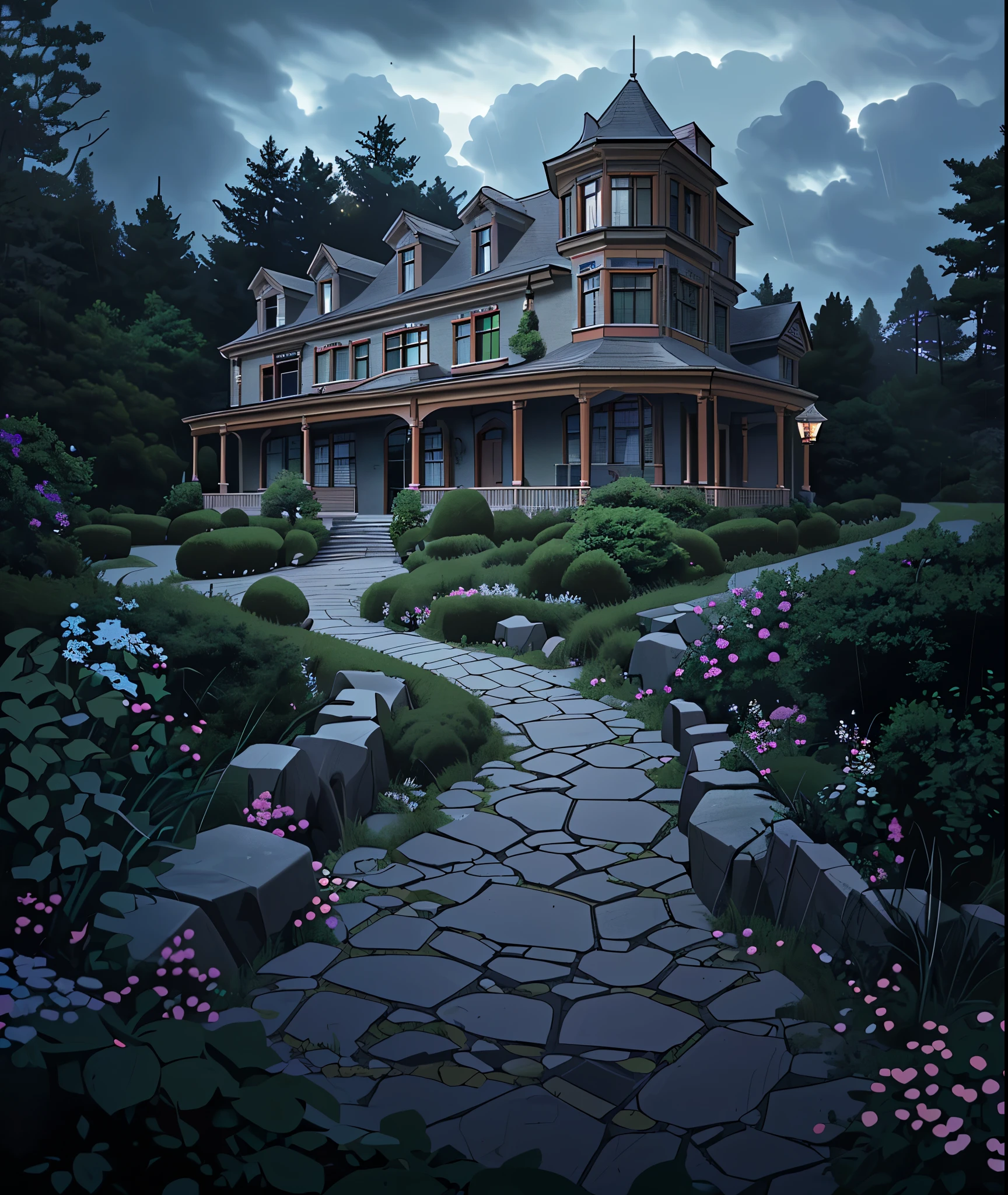 The Romanesque Revival mansion, accessed by a winding stone path, is surrounded by an English garden. There is a dense forest behind the house. There is a dark cloud above the house, which portends a downpour. The lights in the windows are off.