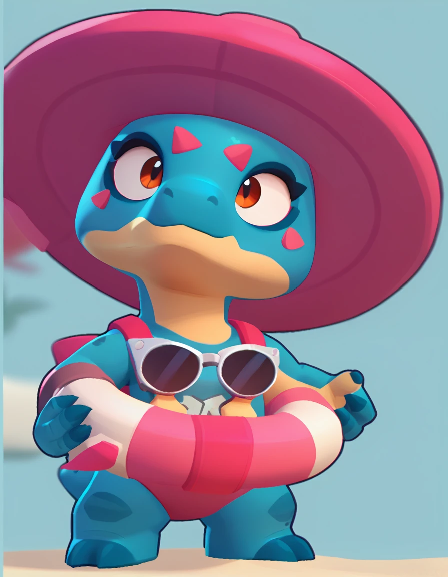full view of a dinosaur, female, dark blue skin, friendly dinosaur, having a pink and white buoy, dinosaur animal, brawl, brawl stars