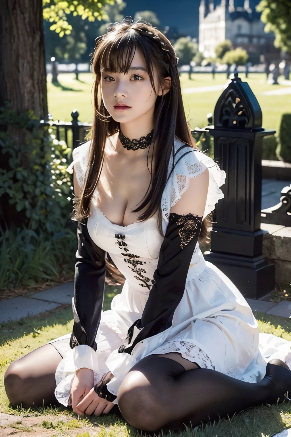 Special clothes58,white dress,pantyhose,green ribbon,striped, best quality, masterpiece, 1 girl, beautiful face, (照片lifelike:1.3), edge lighting, (High detail skin:1.2), 8K UHD, digital SLR camera, high quality, high resolution, 4k, 8k, Bokeh, absurderes, Optimal proportions of four fingers and one thumb, (lifelike:1.3), Cute 1girl, slim toned body, slender leg, A plump chest