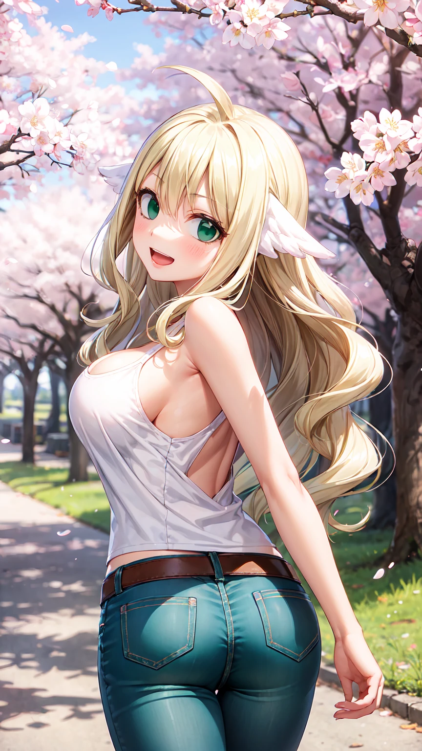 Masterpiece ,best quality , high resolution , (1 girl solo:1.38) , (mavis , long hair, blonde hair, (green eyes:1.5), ahoge, wavy hair) , (cleavage:1.2) , (medium breast:1.28) , (wear top tank , denim_micro short , strong wind , big wing , head tilt ) , (cleavage:1.15) , (big breast:1.1) , (face view , back view , looking back , from behind , look at view , smile , open mouth) , (standing) , (outdoor , street , cherry blossoms , cherry tree)